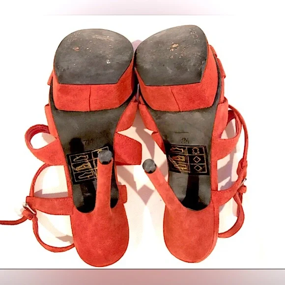 (EUC) BeBe Vibrant Burnt Orange Suede Ankle Strap Stiletto Platform Heels 👠 - Picture 4 of 4